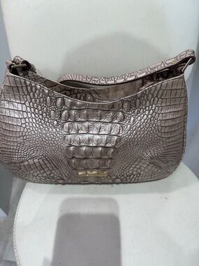 Brahmin Metallic Taupe Croc-Embossed Shoulder Bag with Gold Hardware